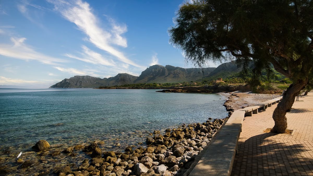 Beautiful coastal view from the promenade in Colonia de Sant Pere, Majorca, Spain.